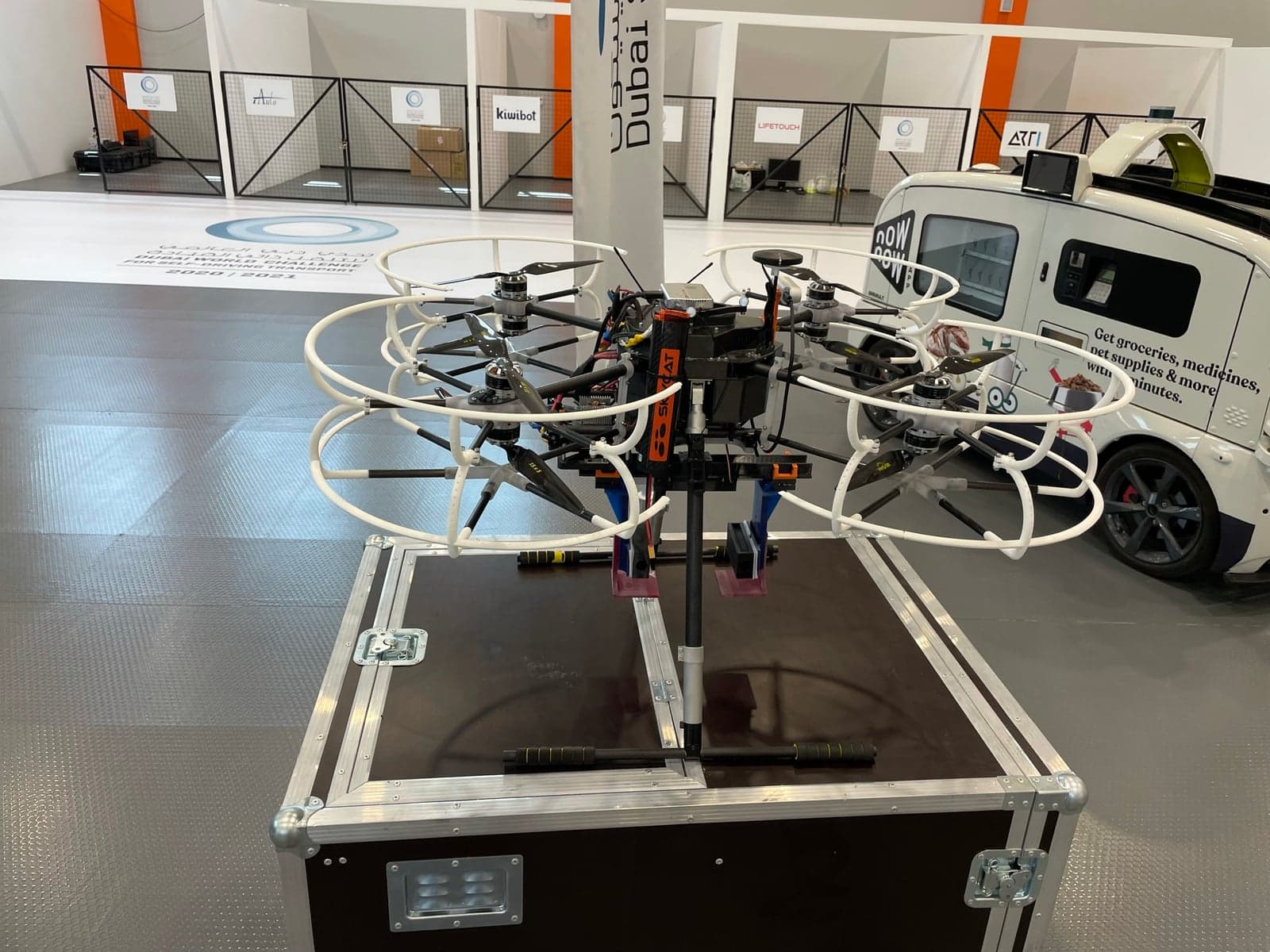 Delivery drone on the RTA self-driving transport challenge test floor in Dubai