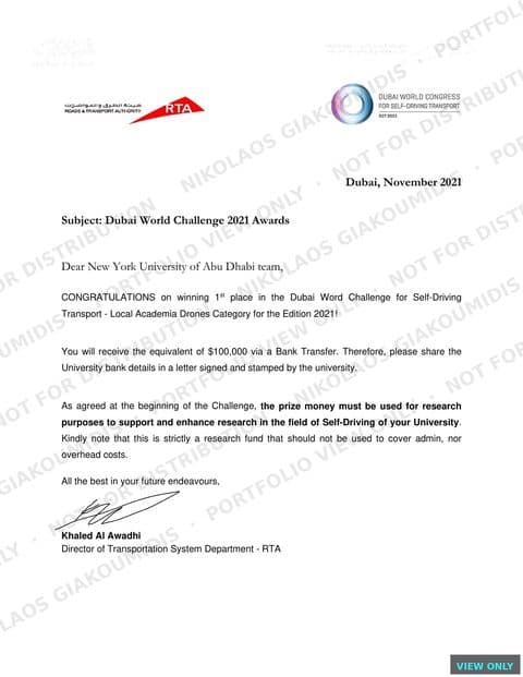 Formal RTA winners letter congratulating the NYU Abu Dhabi team on first place in the Dubai World Challenge 2021