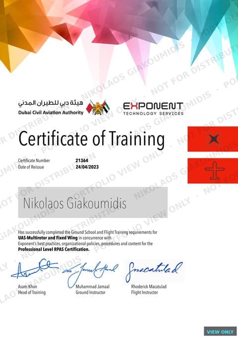 Professional RPAS Certificate issued to Nikolaos Giakoumidis by Dubai Civil Aviation Authority