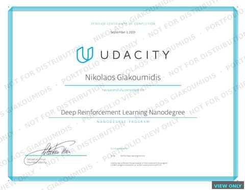 Udacity Deep Reinforcement Learning Nanodegree certificate issued to Nikolaos Giakoumidis