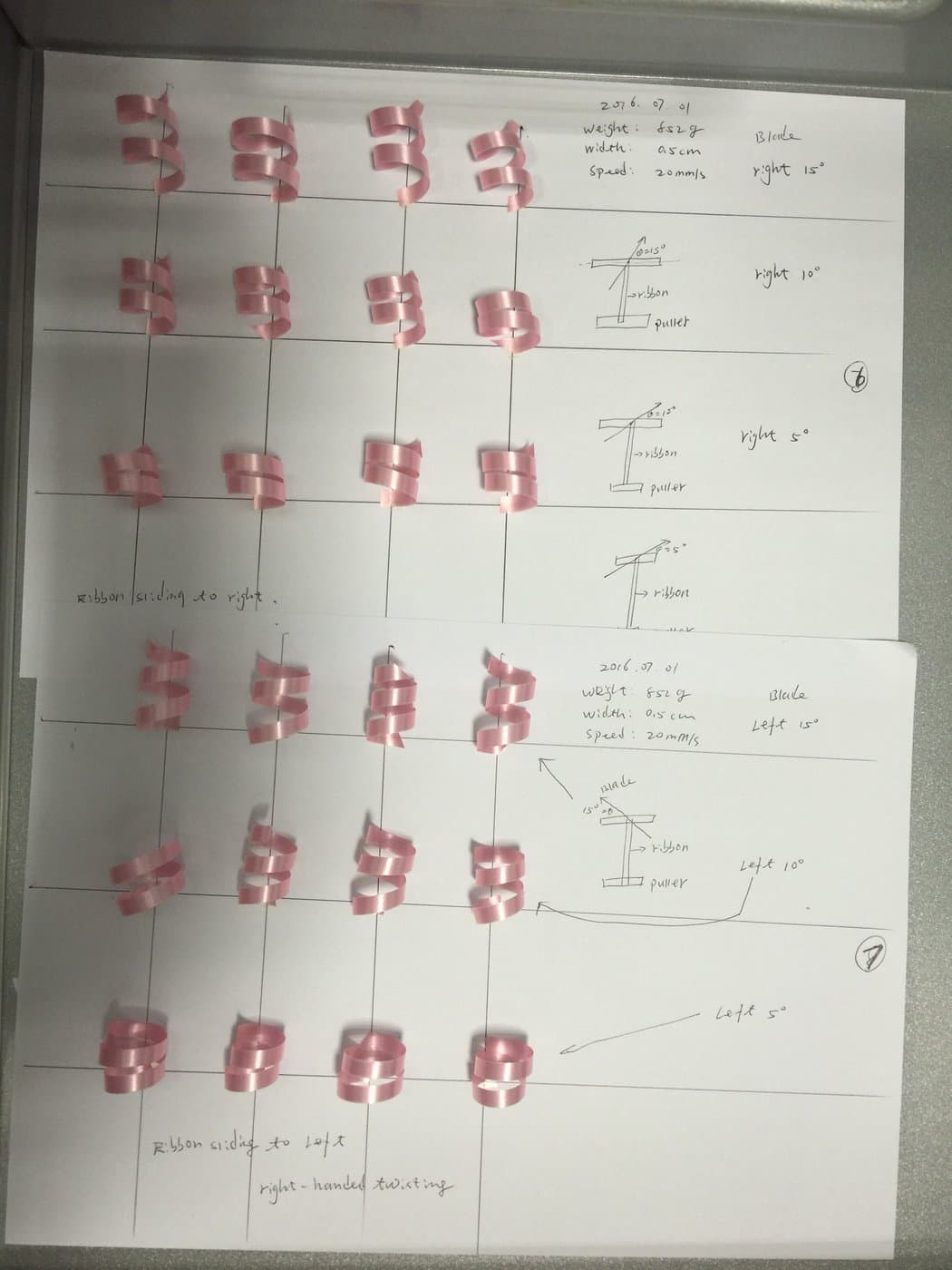 Annotated sheets comparing left and right blade mounting angles with corresponding ribbon curl samples